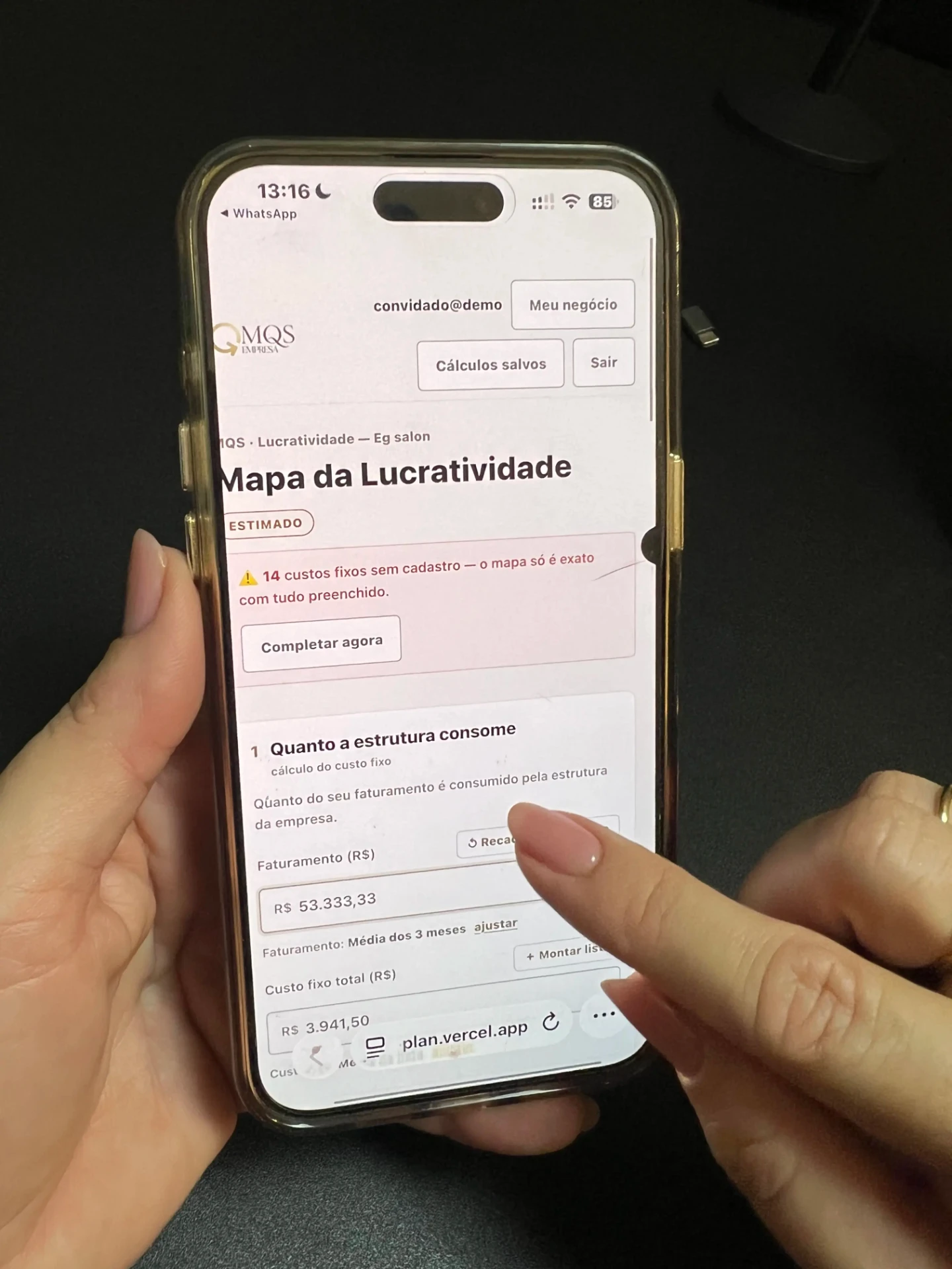 Diagnóstico com faturamento e custo fixo do salão